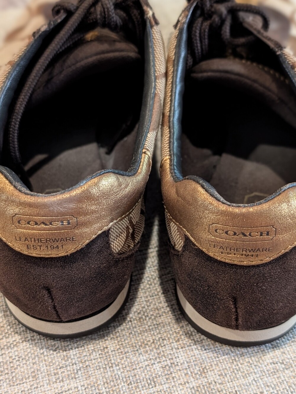 Coach Brown Signature Monogram Sneakers with Gold Toe Detail - Picture 3 of 10